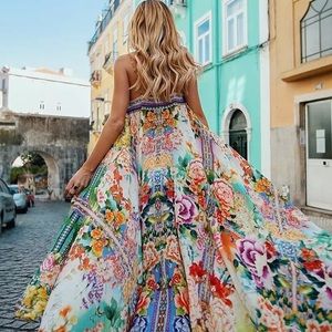 Island Of Peonies Luxury Maxi Sheath A Line Maxi Dress, Chiffon Floral Dress
